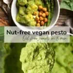 Pinterest pin for a recipe on how to make nut-free and vegan pesto sauce. the image shows a bowl of pesto gnocchi with roasted chickpeas and aspargus. And also a close up of a spoon of the nut-free pesto to show the texture. The text overlay reads Nut-free pesto vegan pesto sauce.