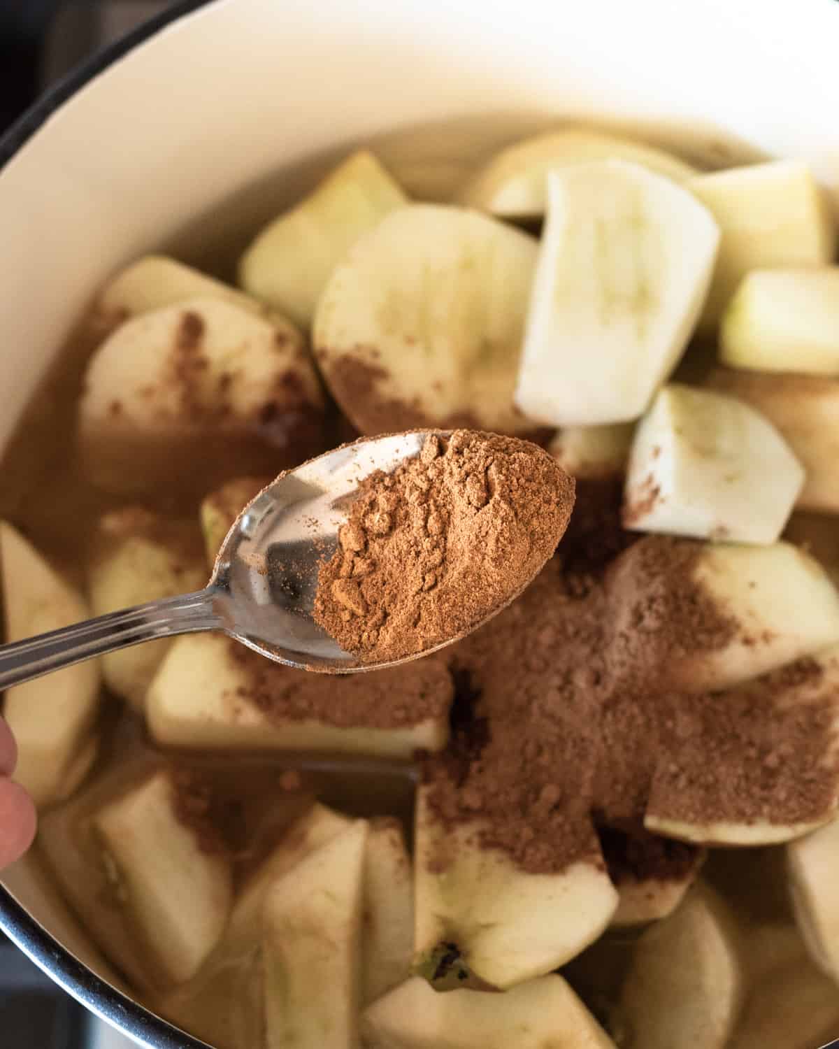 Image of a pot of fresh cut apples with a spoon full of pumpkin spice.