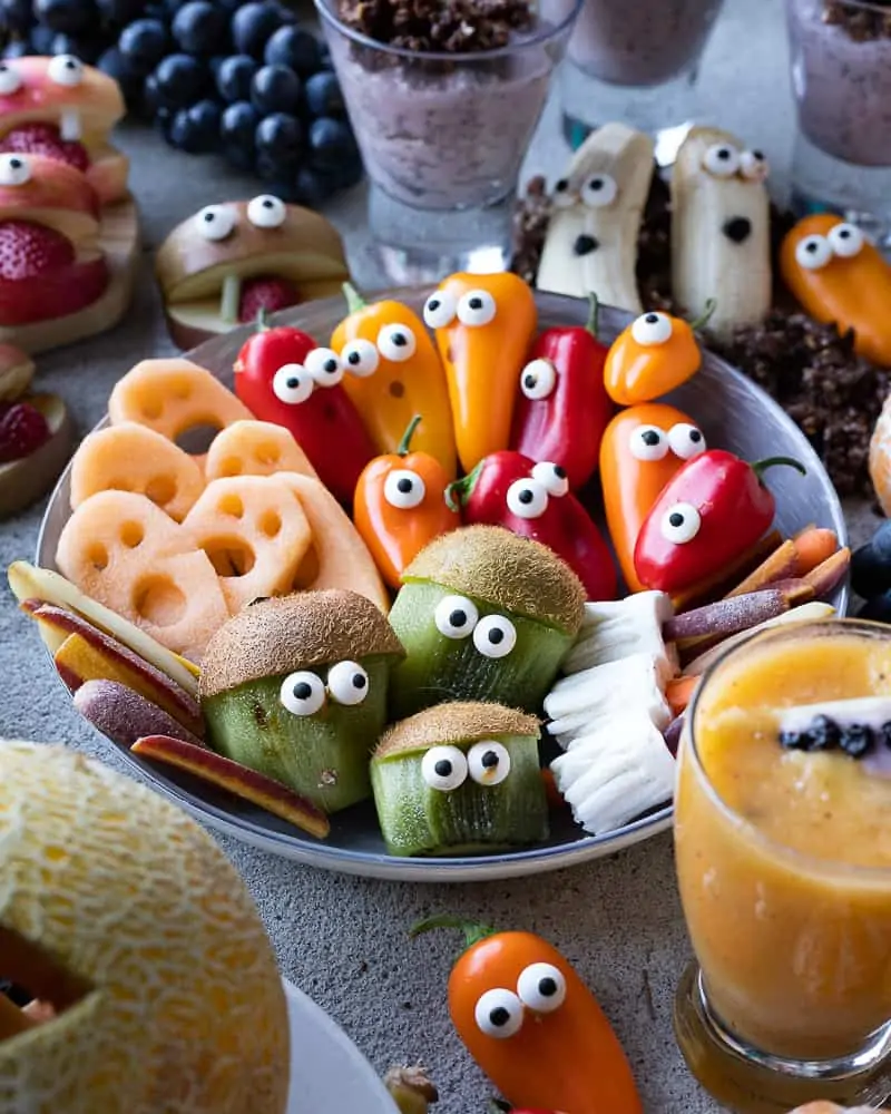 bowl of healthy halloween snacks like pepper ghosts