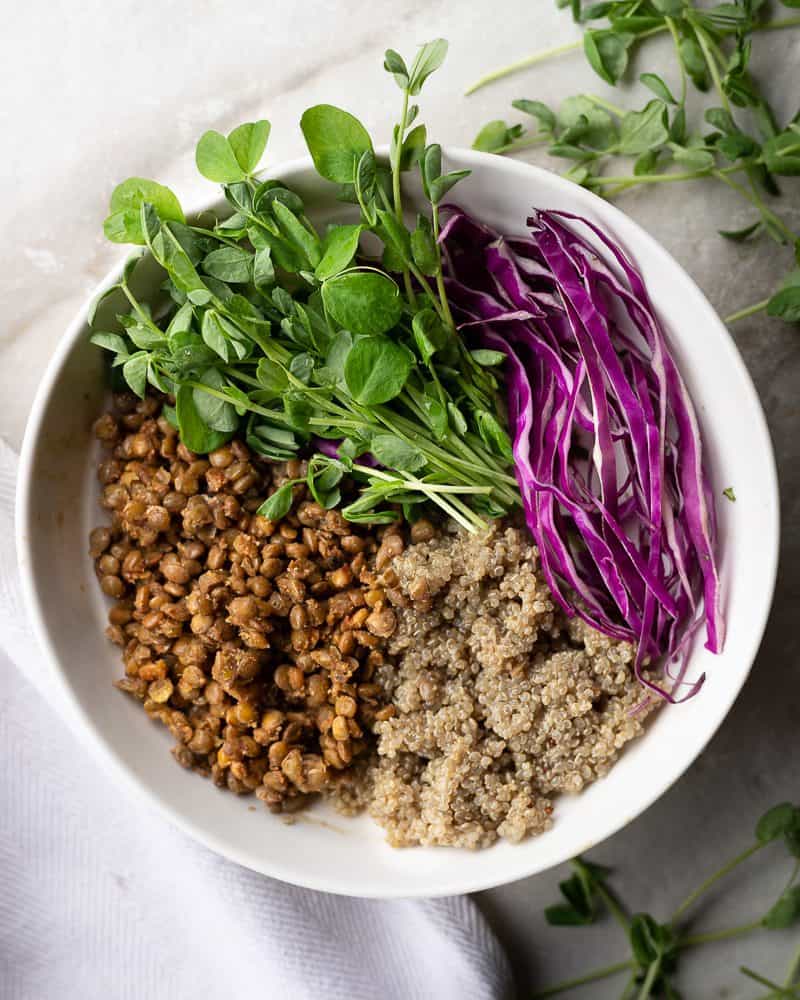 bowl of spiced lentils, quinoa and raw veggies