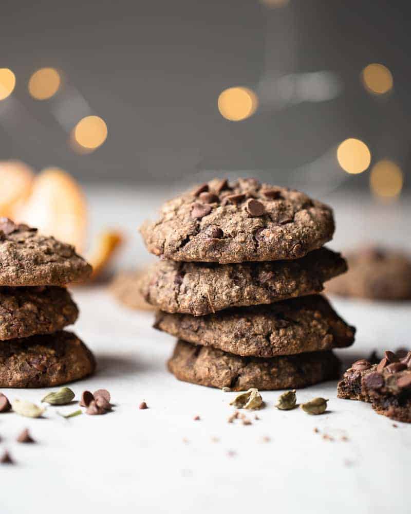 stack of cookies with lights in the background