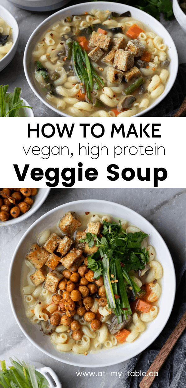 pinterest pin with bowls of comforting veggie soup topped with tofu and chickpeas with text overlay
