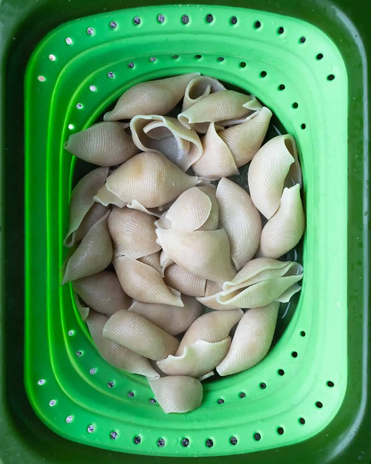 Top-down view of a pasta strainer with gluten-free pasta shells inside