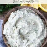 Pinterest image of a bowl of tofu ricotta with fresh dill surrounding the bowl. There is text overlay that reads lemony tofu ricotta.