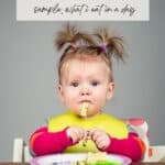 Pinterest post for a post on dinner ideas for a 12 month old. Image is of a toddler eating pasta in a high chair with text overlay saying snack and dinner ideas for toddlers.