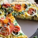 PInterest image of a gluten free and vegan quiche for a post on how to make this tofu pie recipe. the text overlay reads easy tofu quiche, gluten free crust.