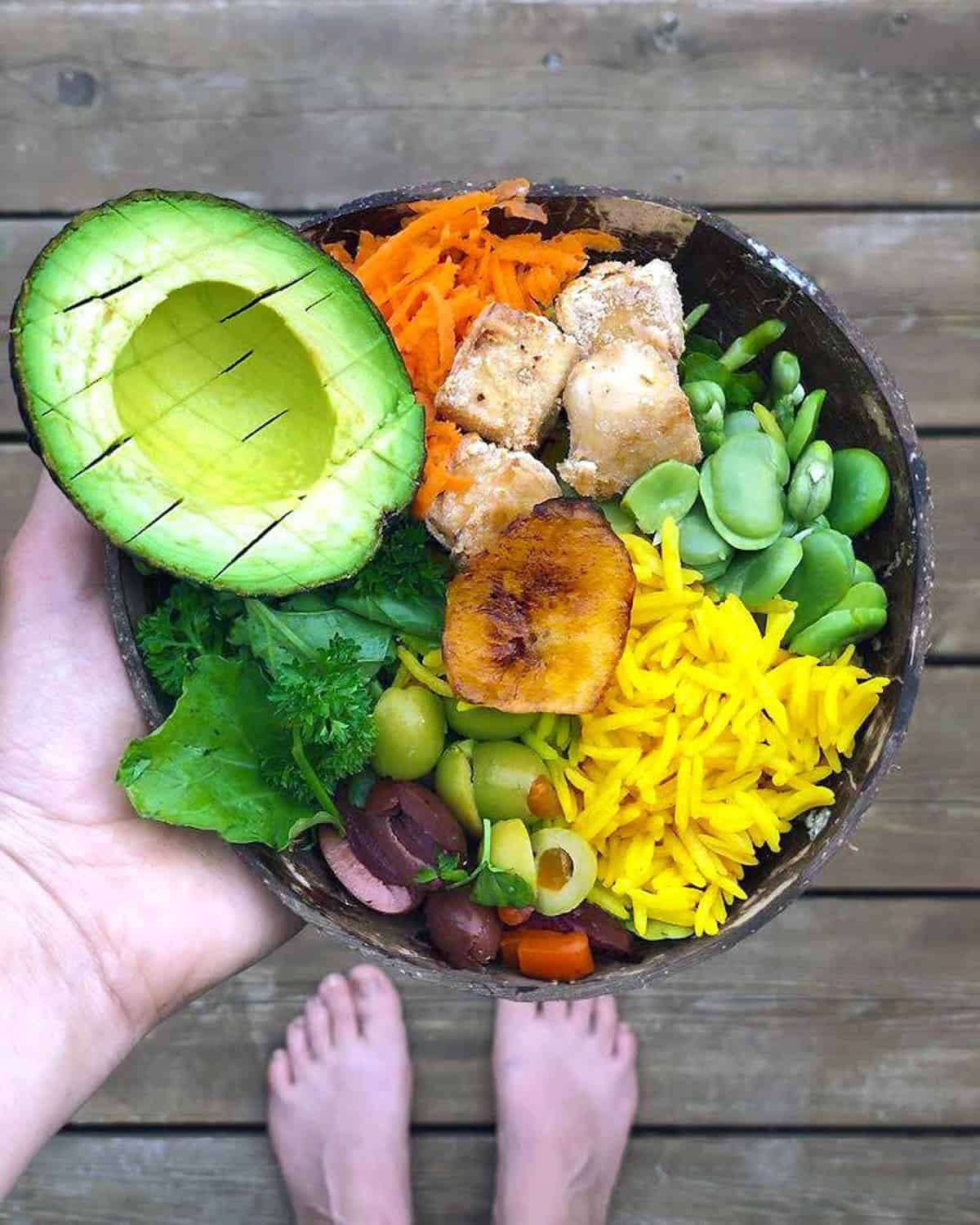 Image of a bowl of delicious and healthy plant based foods for a post on a sample meal of a vegan pregnancy meal plan
