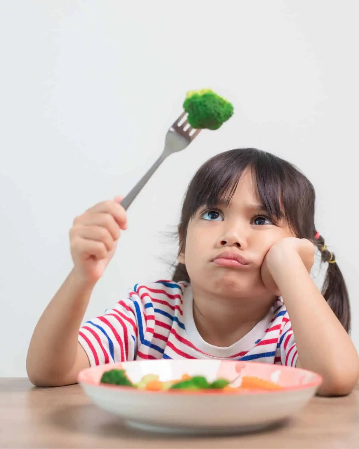 Sad toddler girl holding a fork with broccoli, showing reluctance to eat her meal, image is for a recipe post on tips and meal ideas for picky eaters.