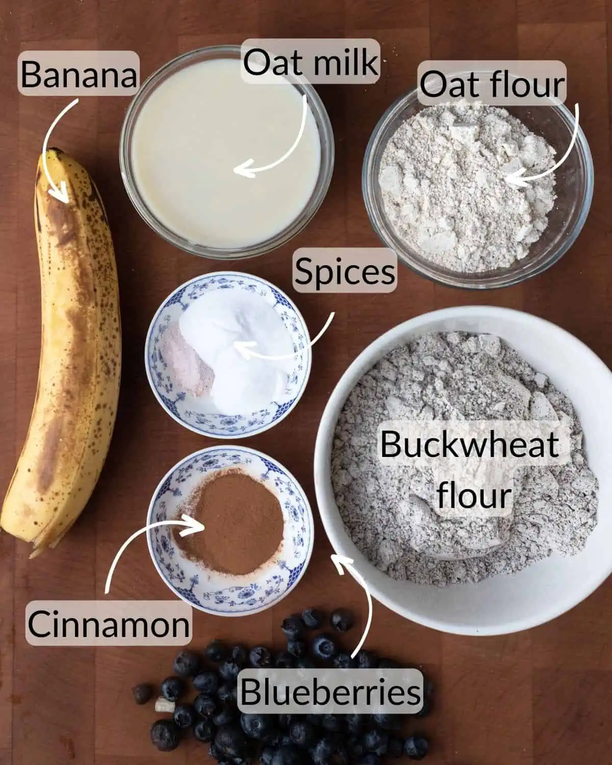 Image of the ingredients to make easy egg free pancakes that are gluten-free and vegan. Image shows buckwheat flout, oat flour, oat milk, maple syrup, salt, baking soda, baking powser, blueberries, and bananas.
