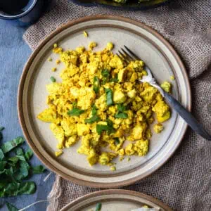Image of a plate of egg tofu scramble for recipe post to show the texture of the final recipe.