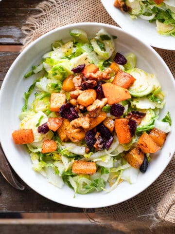 Cozy image of a bowl of shaved brussel sprout salad topped with roasted squash, walnuts and cranberries. The image is for a low-carb recipe post to show what the finished salad should look like.