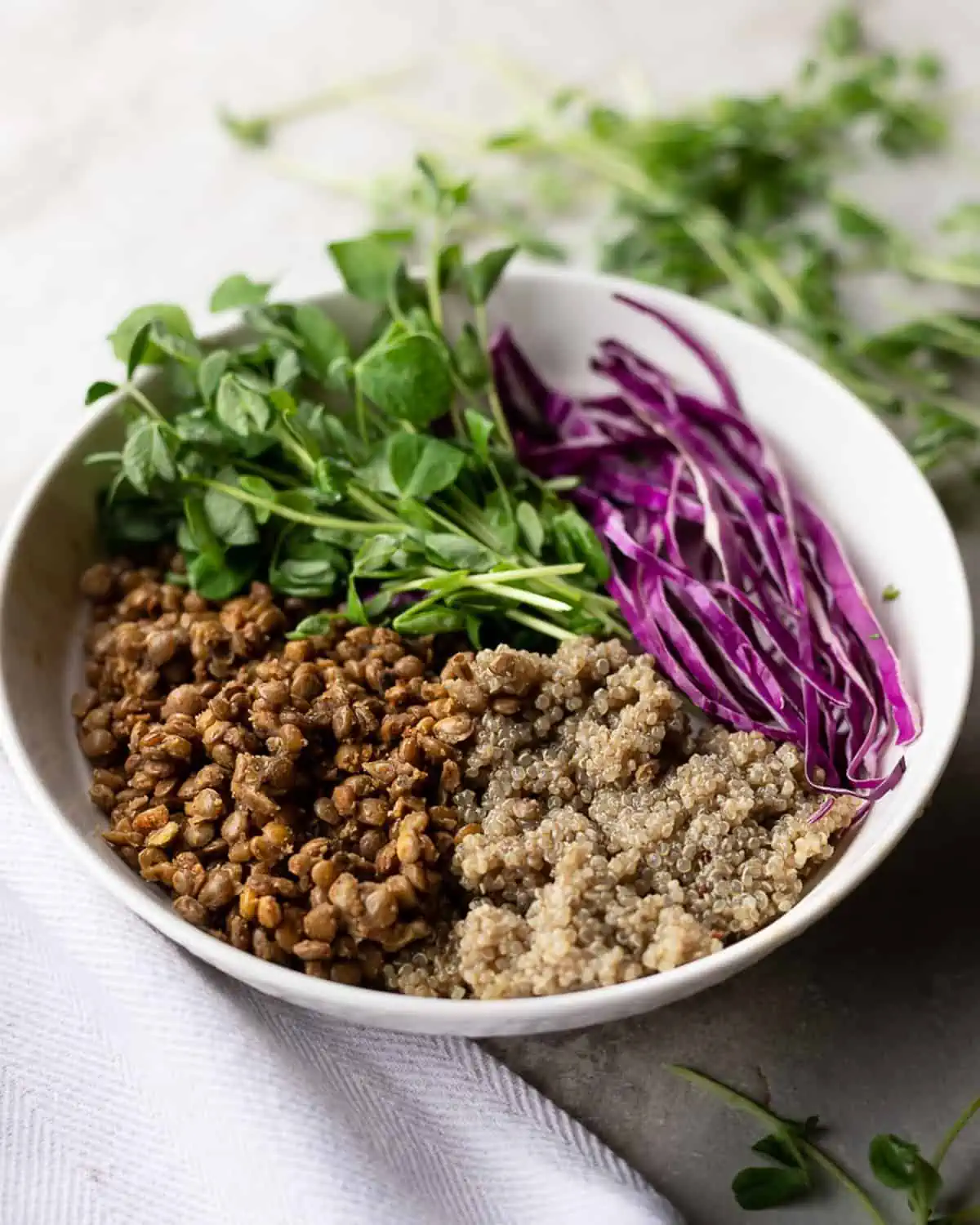 Close up image of a bowl of spiced brown lentils, quinoa, fresh arugula, and sliced cabbage. Image is for a recipe post on how cook bown lentils.