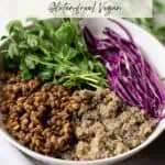 Pinterest Pin Image of a bowl of spiced brown lentils with quinoa, fresh arugula, and sliced cabbage. Image is for recipe post on how to make spiced lentils and how to cook brown lentils.