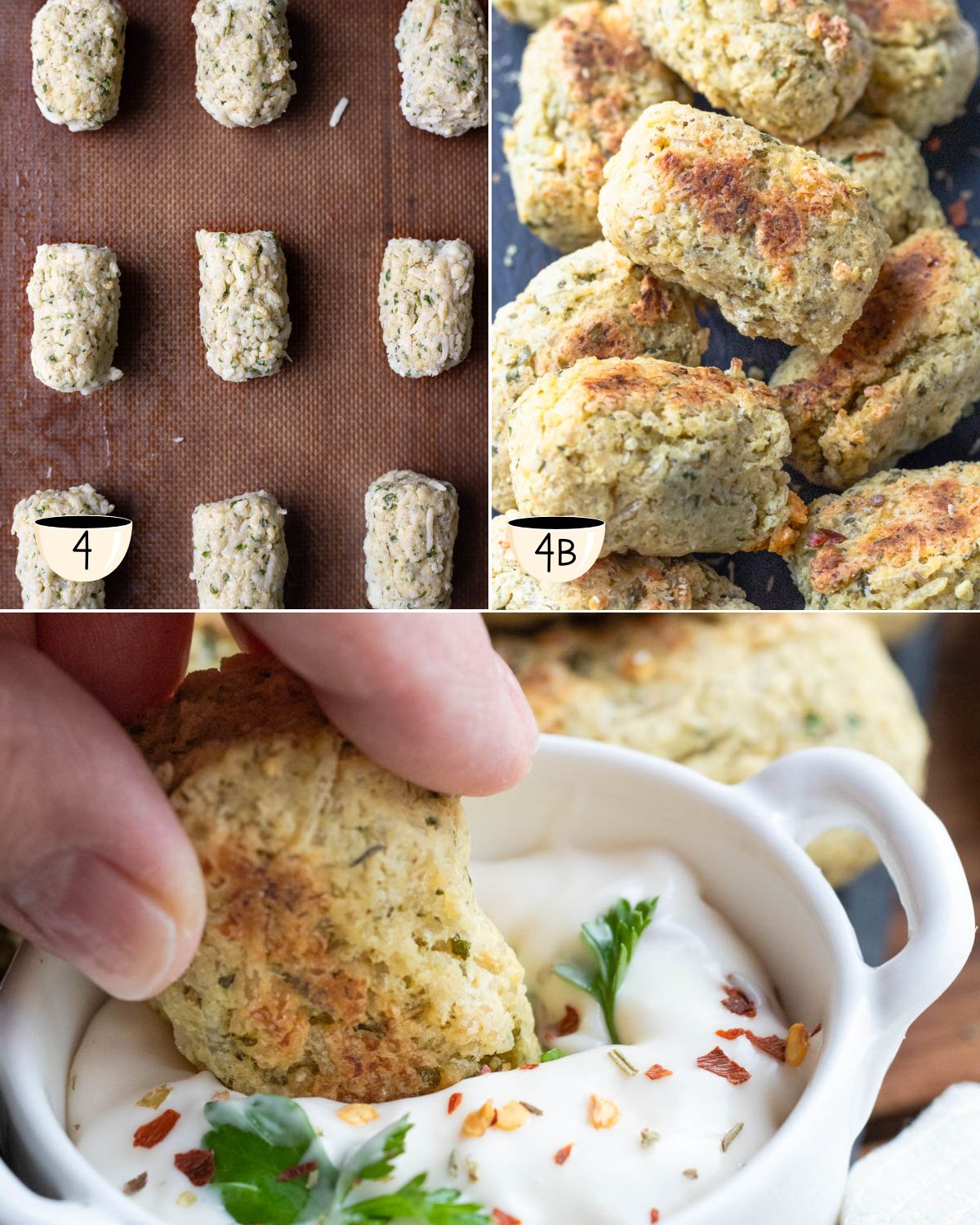 Four-step collage showing the process of shaping and baking vegan rice balls: raw rice balls arranged on a baking mat, baked rice balls with a crispy golden crust, and a hand dipping one into a creamy white sauce with parsley and red pepper flakes.