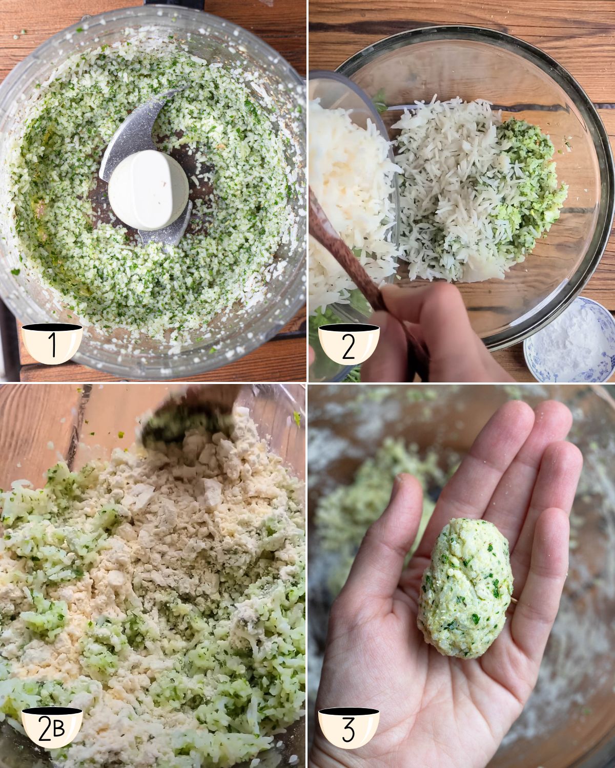 Four-step collage showing how to make the rice ball mixture: blended rice and herbs in a food processor, combined ingredients in a mixing bowl, the mixture after adding flour, and a hand holding a shaped rice ball ready for baking.