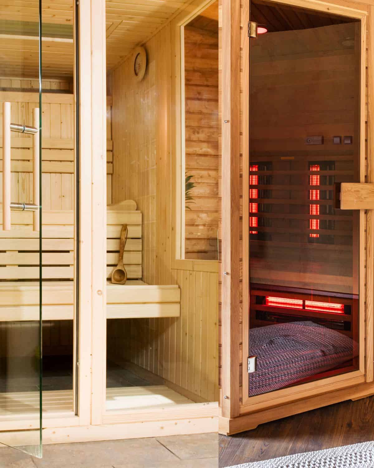 There is a tradional sauna space on the left side and an infrared sauna space on the right side to show the differences in heat and space needed for each sauna type.