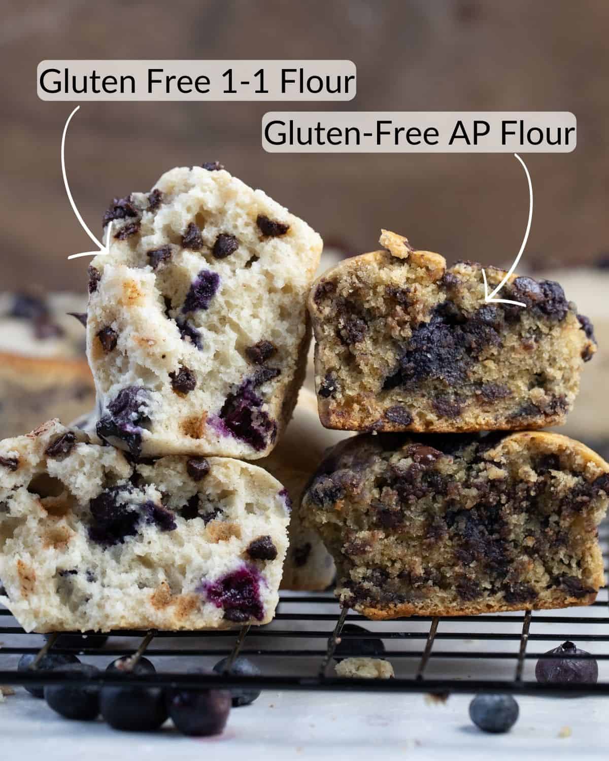 Two stacks ofgluten free blueberry chocolate chip muffins to show the difference in texture, size, and color when using different gluten free flours.