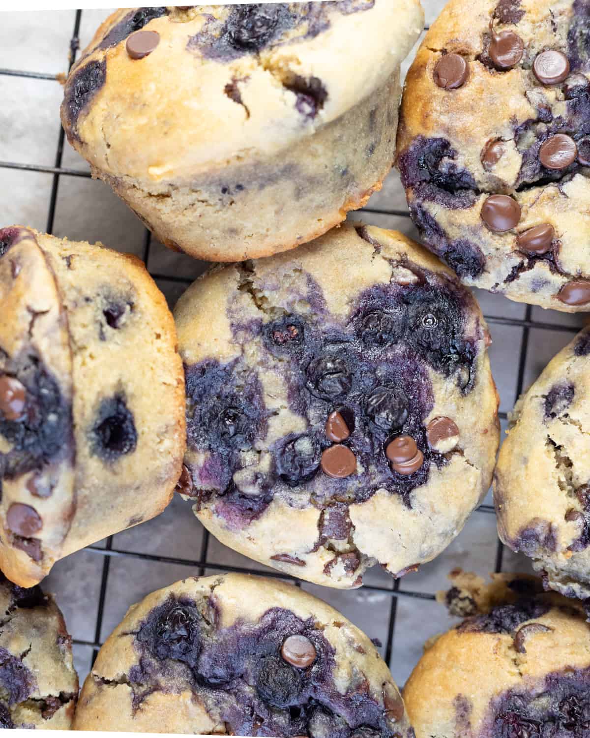 Overhead view of blueberry chocolate chip muffins on a wire cooling rack, highlighting the golden-brown tops and chocolate chip details.