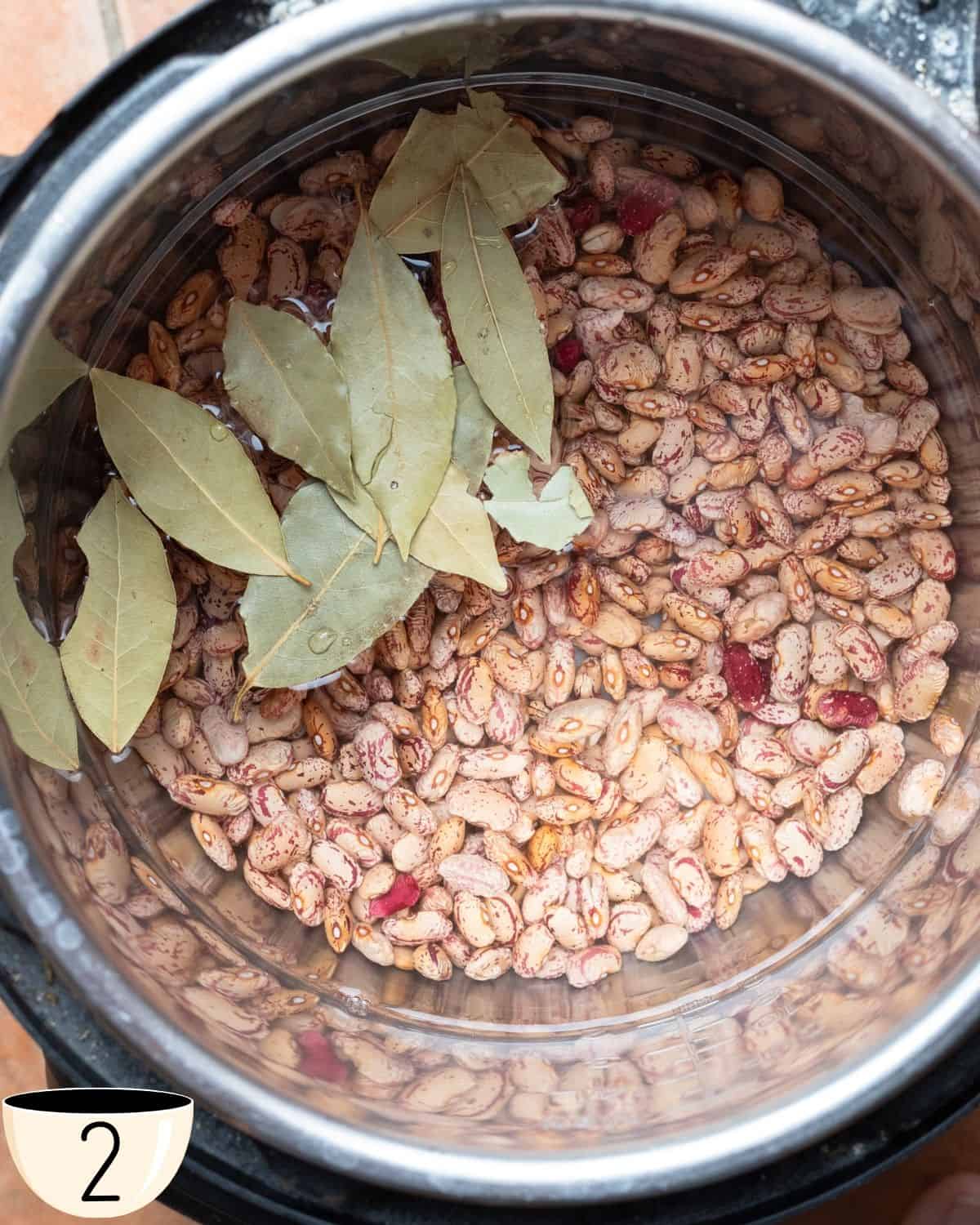 Pinto beans in a pot of water with bay leaves on top, ready for the flavors to infuse during the cooking process.