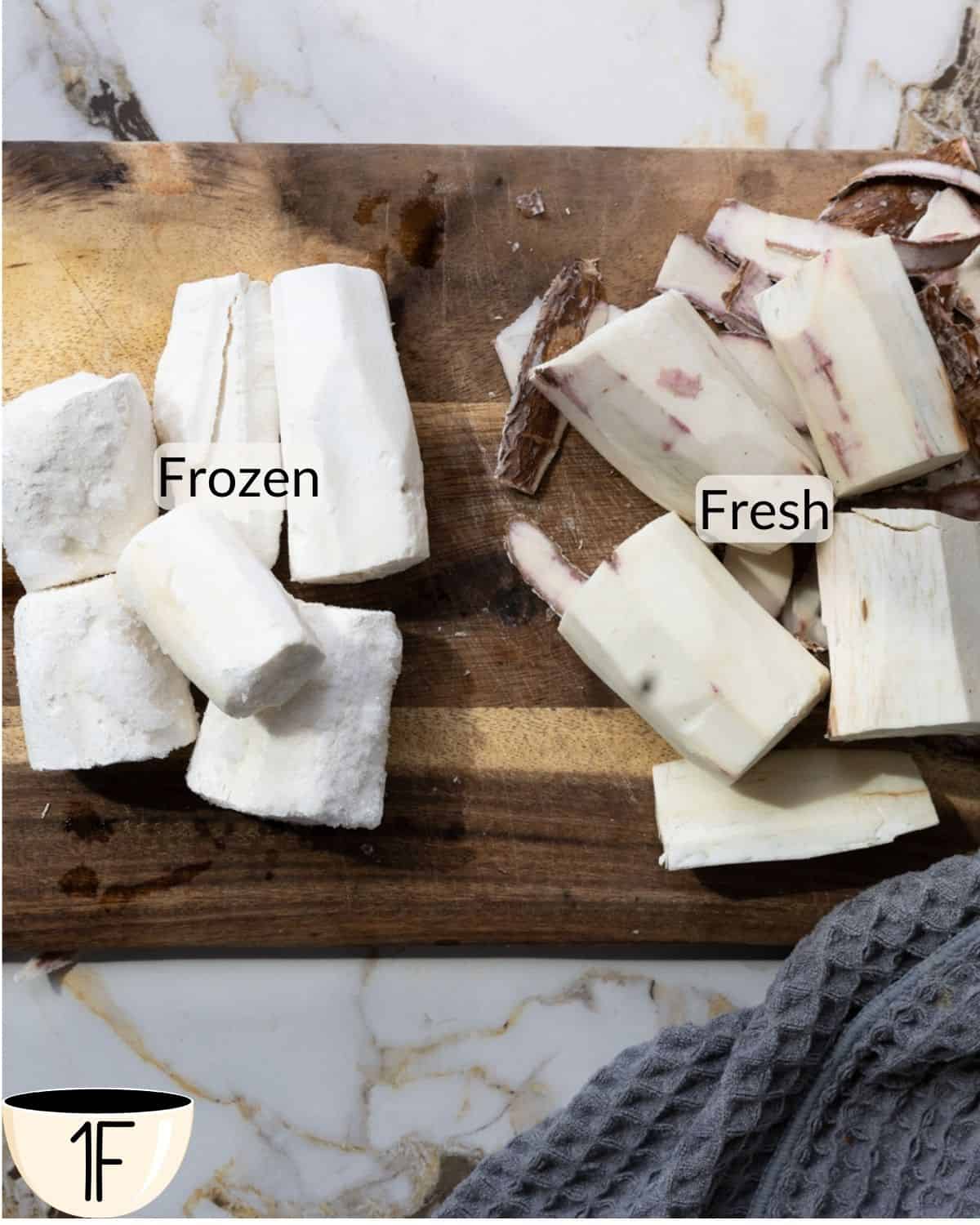 Comparison of frozen yuca pieces on the left and freshly peeled yuca pieces on the right on a wooden cutting board.