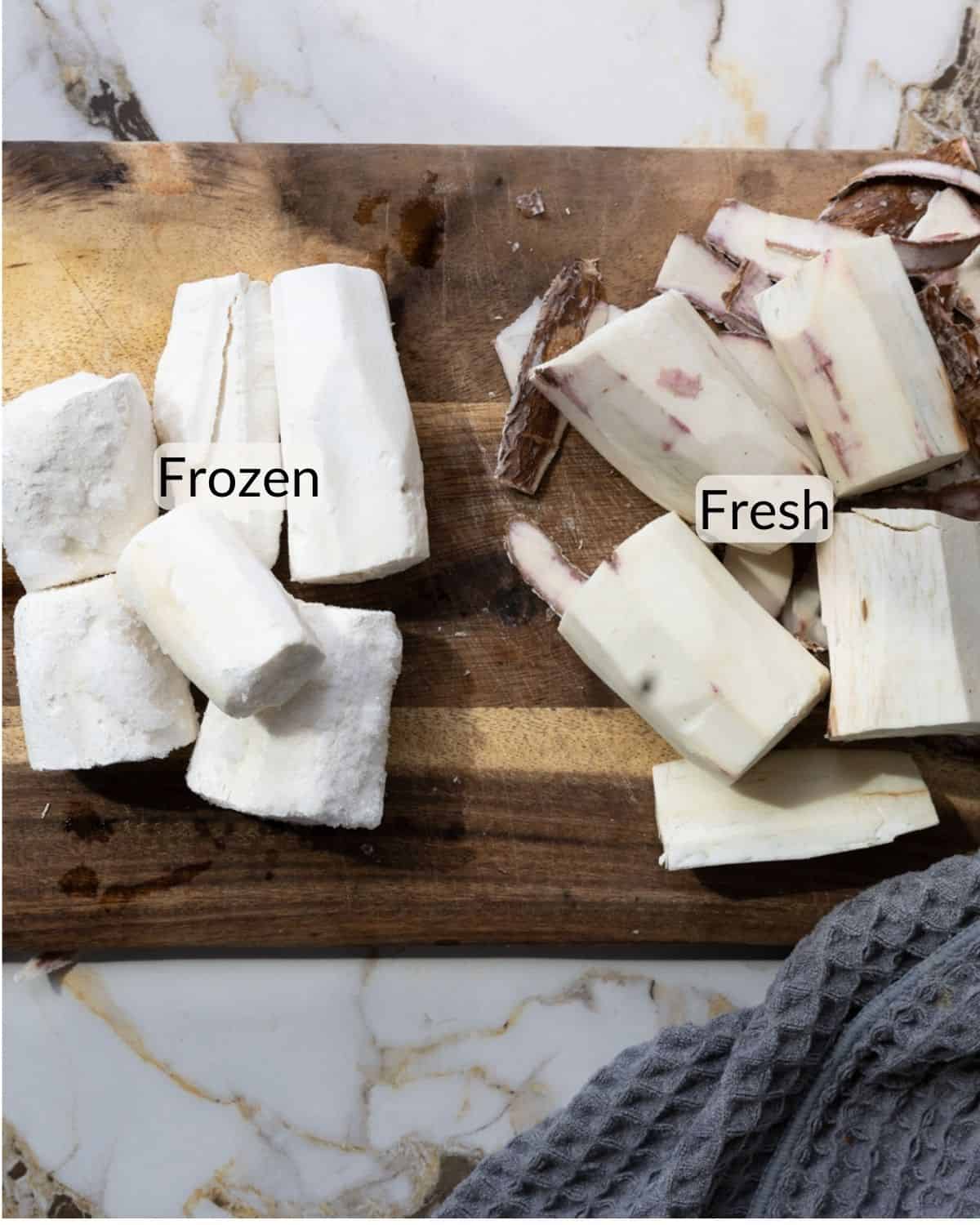 Comparision of frozen versus fresh yuca to show the similarities prior to boiling. This recipe can be made with either fresh or frozen yuca.