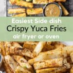 Overhead view of crispy yuca fries on a cooling rack with lime wedges and dipping sauces.