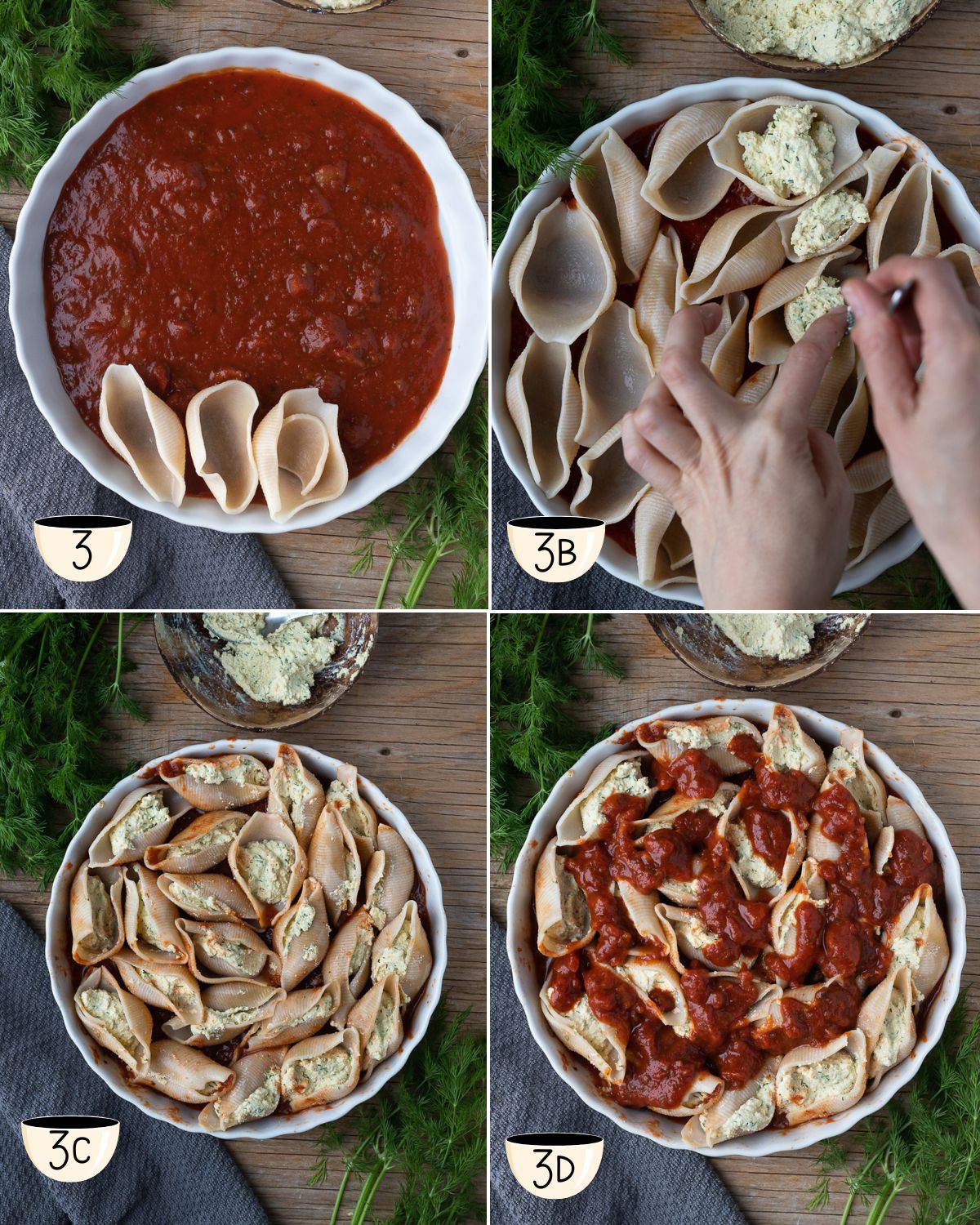 Close up of gluten-free pasta shells being stuffed with tofu ricotta and layered with marinara sauce for a easy pasta bake recipe.