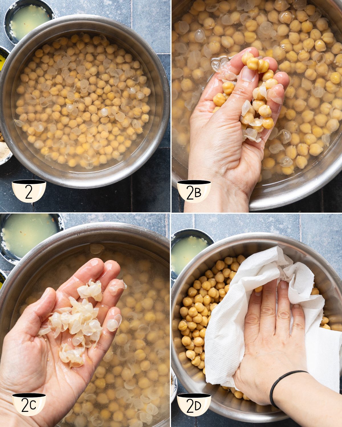 Step-by-step process of removing chickpea skins by massaging in water, skimming skins, and drying with a paper towel.