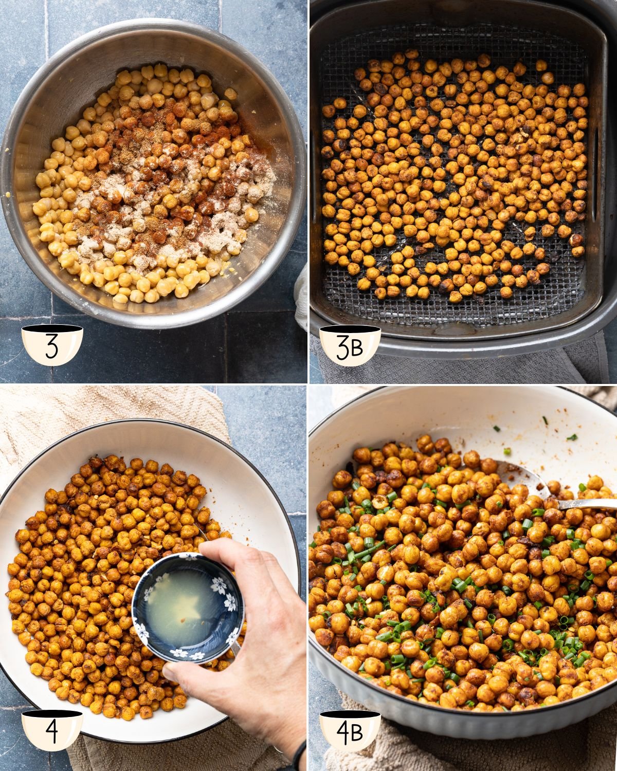 Seasoning chickpeas, air frying them until crispy, then tossing with lime juice and chopped green onion before serving.