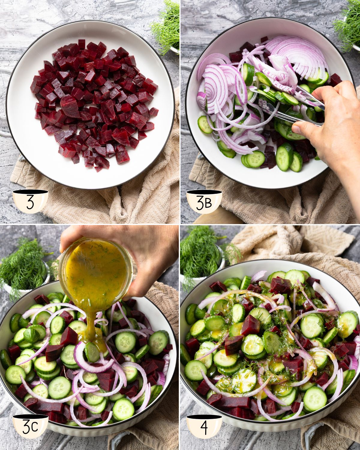 Assembling cucumber beet salad: adding sliced onion and cucumbers to beets, pouring in dressing, and tossing to combine.