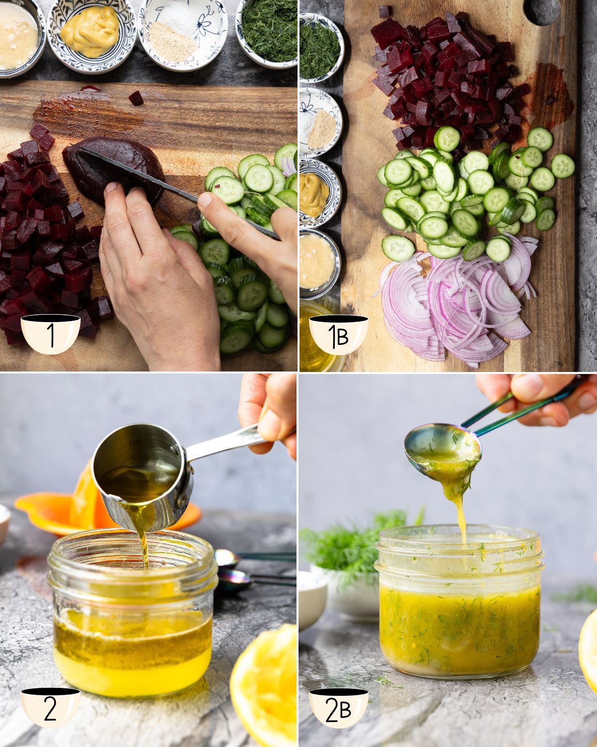 Step-by-step prep for cucumber beet salad, including slicing vegetables and making lemon-mustard dressing in a glass jar.