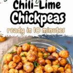 Overhead shot of crispy air-fried chickpeas seasoned with smoked paprika and chili, served in a glass jar.